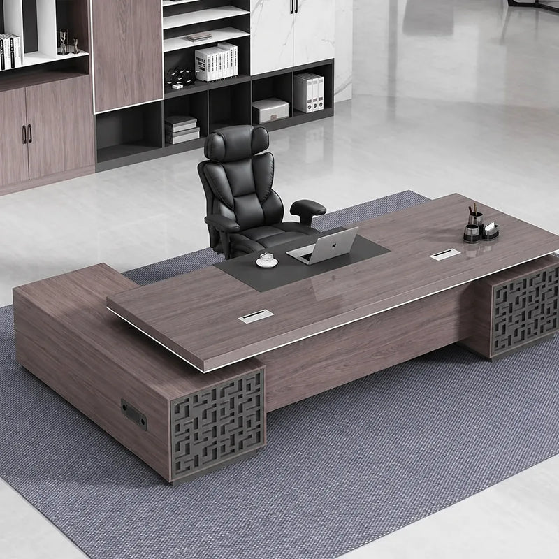 Magnus desk from above, right return, leather pad centered