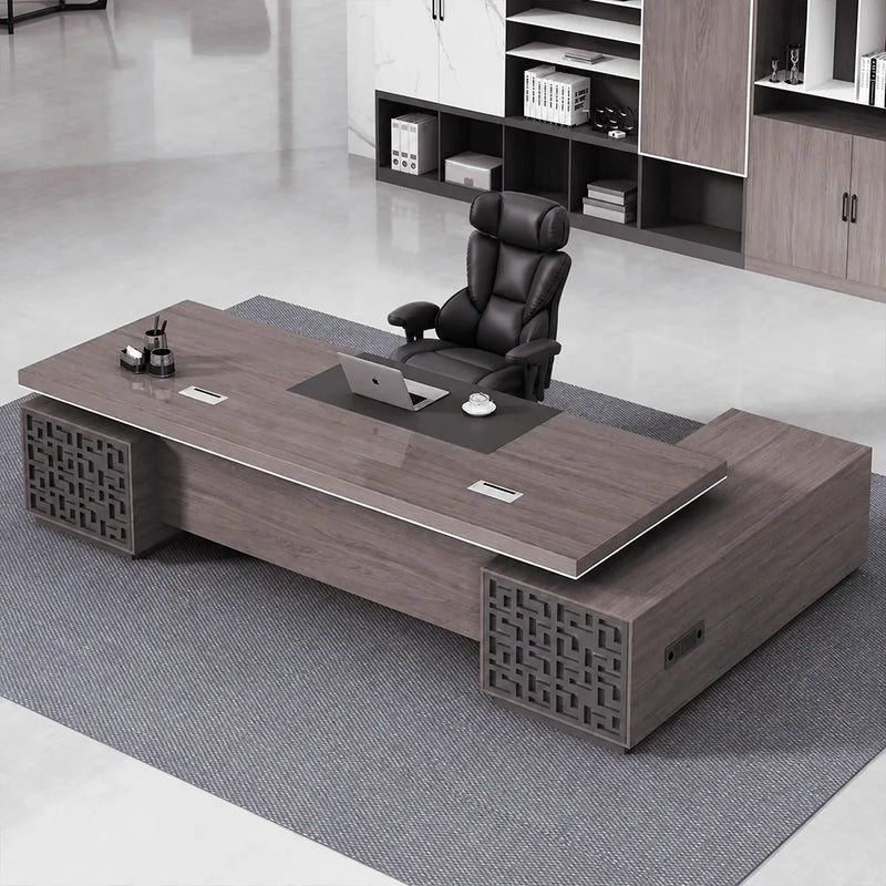 Magnus desk, left return, overhead view on blue rug