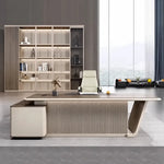 Mantell desk centered with slatted pedestal screen