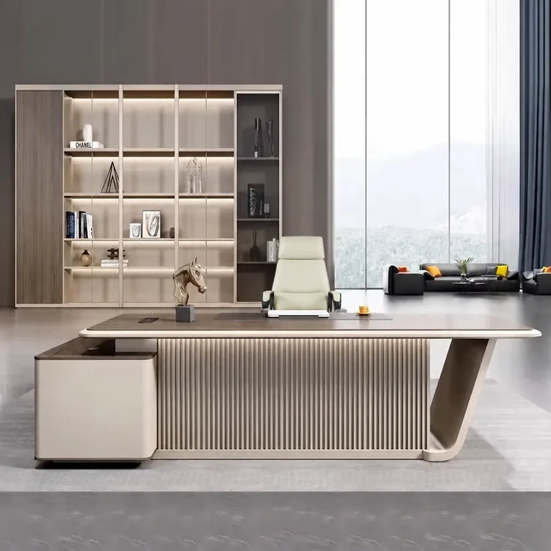 Mantell desk centered with slatted pedestal screen