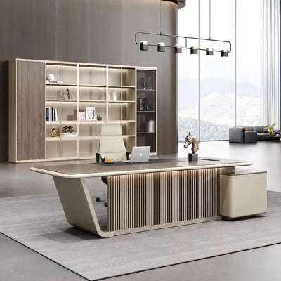 Mantell CEO desk with sled base under a linear chandelier
