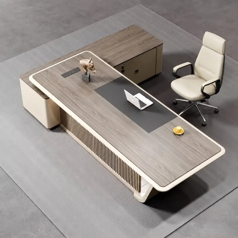 Mantell desk overhead, gray pad and slat screen visible