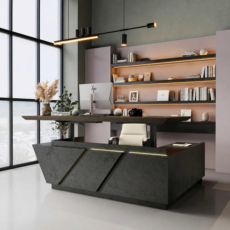 Maverick standing desk at sitting height in a loft office with lit shelving
