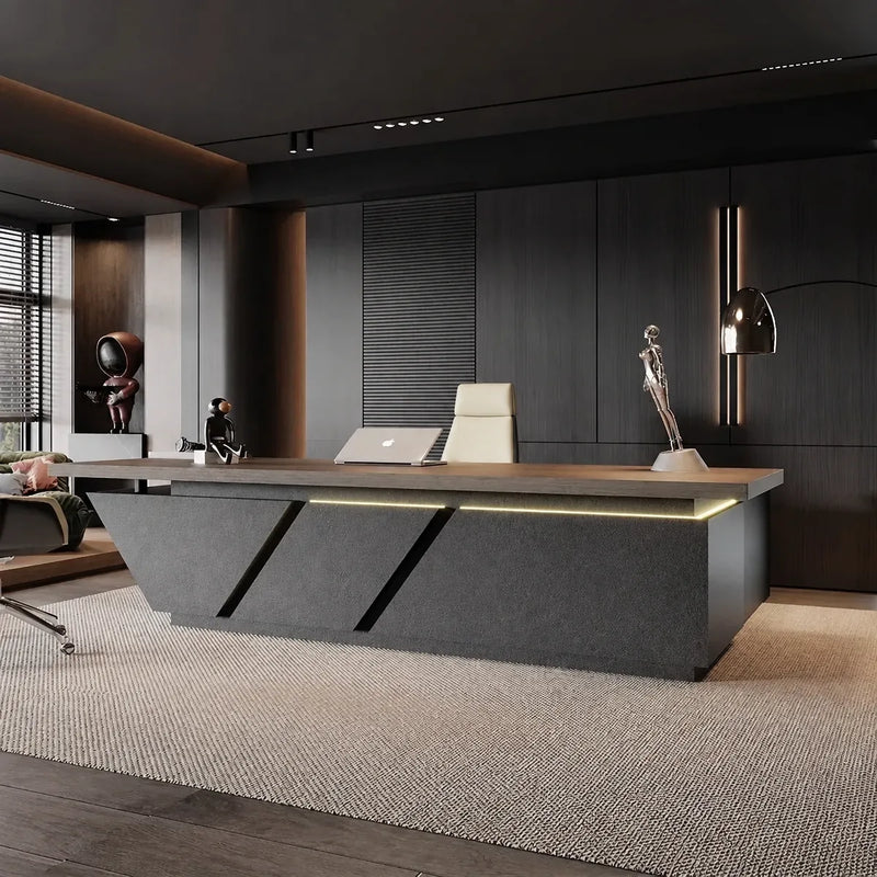 Maverick desk, left return, monolith base in a dark executive office