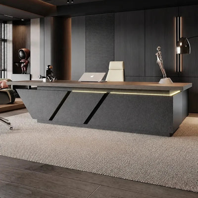 Maverick desk, left return, monolith base in a dark executive office