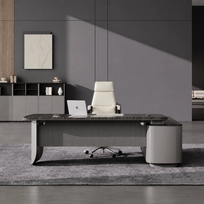Mavren desk with white chair in a gallery office