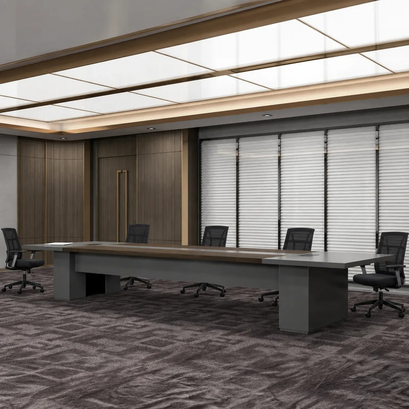 Maxum 15′9″ or 19′8″ (189 or 236-inch) grand conference table in walnut with black chairs and window blinds