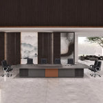 Medley 15′9″ (189-inch) large conference table seating 14 in front of a wall of ink-wash art panels