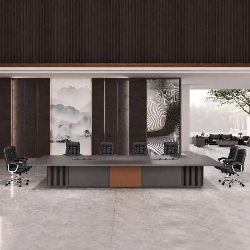 Medley 15′9″ (189-inch) large conference table seating 14 in front of a wall of ink-wash art panels