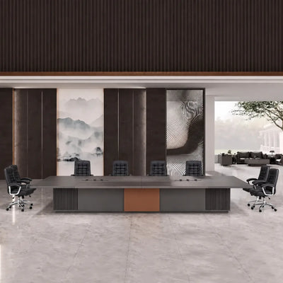 Medley 15′9″ (189-inch) large conference table seating 14 in front of a wall of ink-wash art panels