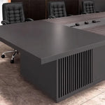 Medley tabletop corner close up with power modules and the slatted dark gray pedestal