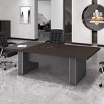 Medley shorter meeting table in gray with a gray oak inlay on two slab legs, one black chair