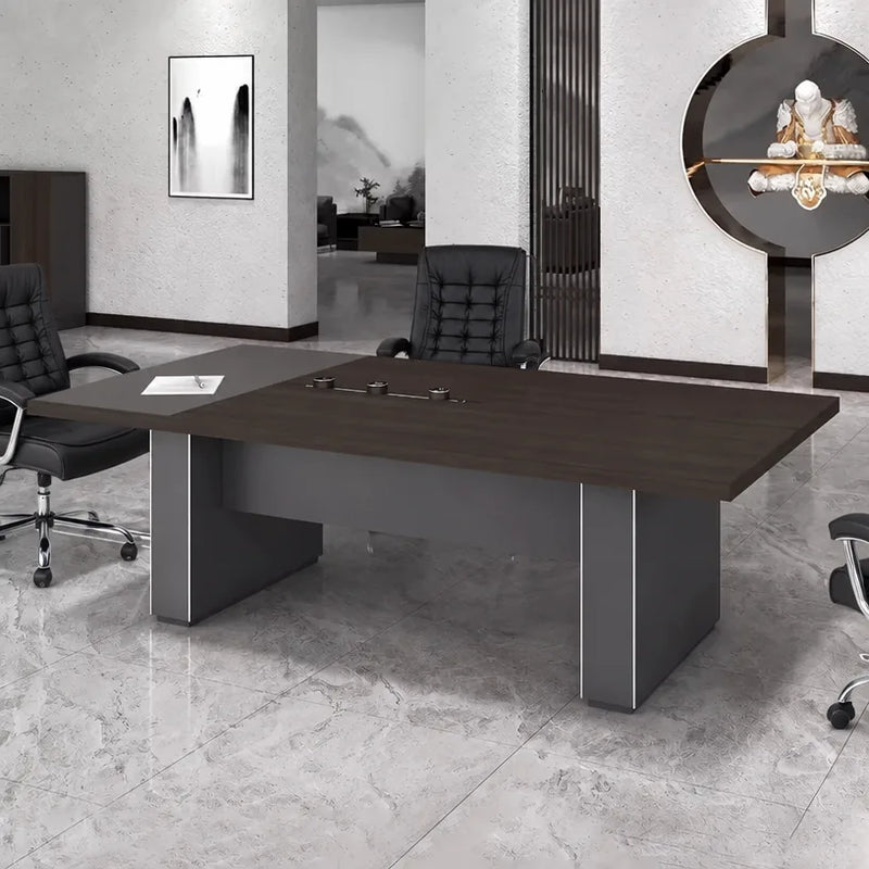 Medley shorter meeting table in gray with a gray oak inlay on two slab legs, one black chair