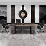 Medley 8′ (96-inch) six-seat meeting table viewed straight on with three black chairs