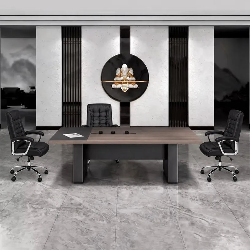Medley 8′ (96-inch) six-seat meeting table viewed straight on with three black chairs