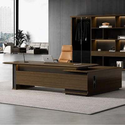 Milner desk, left return, in a charcoal office with wardrobe nook