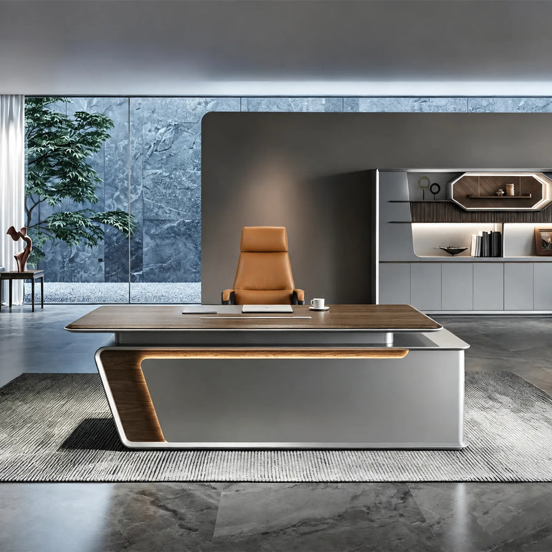 Modena desk in pearl gray in an architect's stone courtyard office