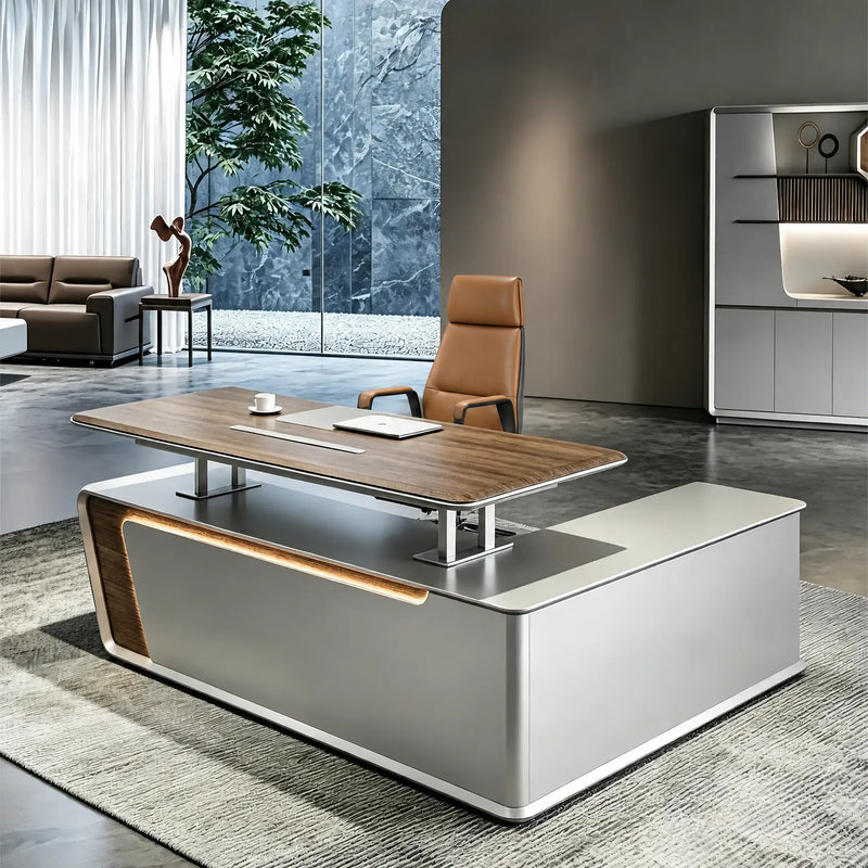 Modena desk, left return, height adjustable top lowered