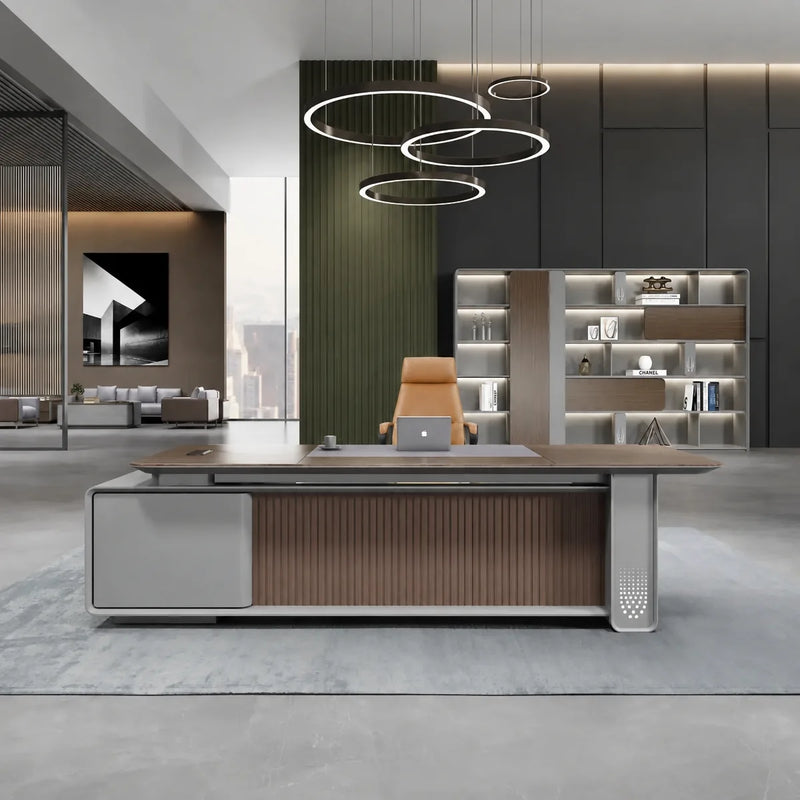 Myer grand desk under ring chandeliers with display wall