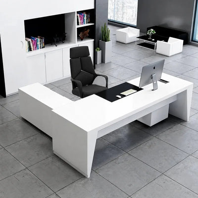Newton manager desk in white with base return and bookcase wall
