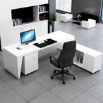 Newton desk with mobile drawer pedestal and open shelf return