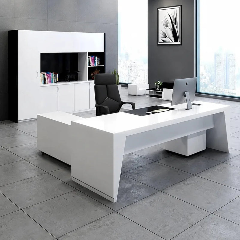 Newton desk with white wall system and monitor
