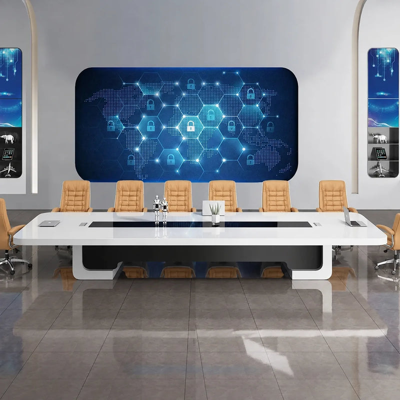 Nexum white high-gloss boardroom table with orange chairs beneath a hexagonal network wall display