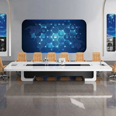 Nexum white high-gloss boardroom table with orange chairs beneath a hexagonal network wall display