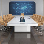 Nexum white conference table seating 12 in orange leather chairs, viewed from the head of the table