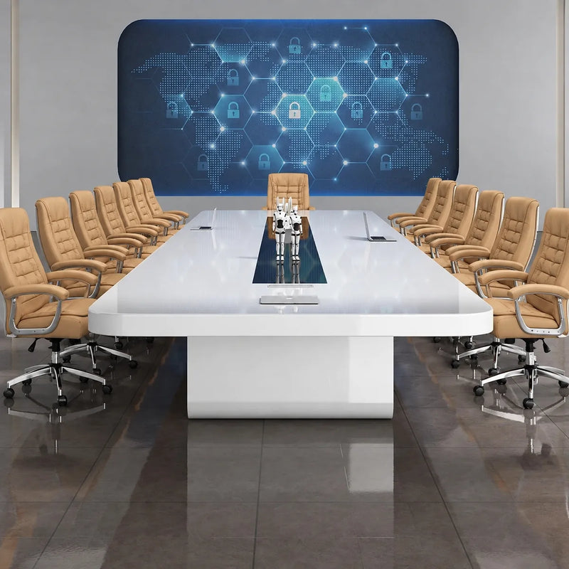 Nexum white conference table seating 12 in orange leather chairs, viewed from the head of the table