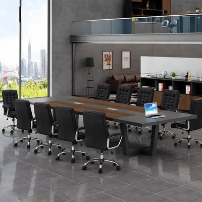 Oakburn dark oak meeting table with black chairs and a laptop in a loft office with a city view