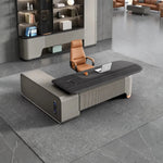 Ordin desk, right return, in a misty-mountain office with shelf wall