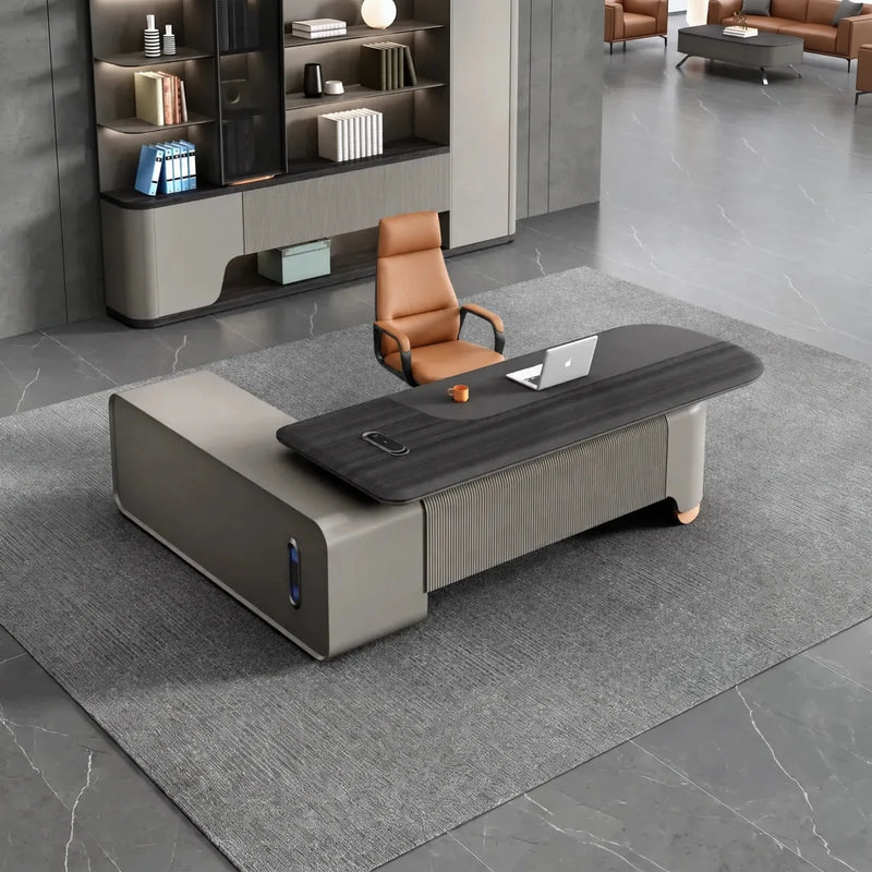 Ordin desk, right return, in a misty-mountain office with shelf wall