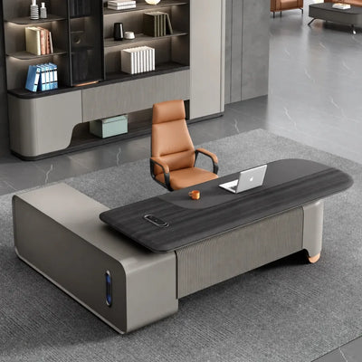 Ordin desk, right return, in a misty-mountain office with shelf wall
