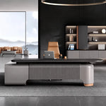 Ordin desk front-on, fluted taupe pedestal and copper feet