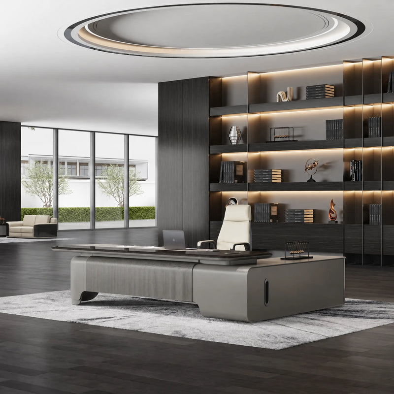Orvane luxury desk beneath an oval ceiling ring, shelf wall behind
