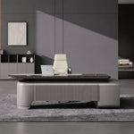Orvane desk from above in a gray suite, ports open