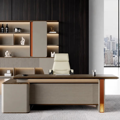 Oxley desk, right return, in a dark-panel office with lit shelving