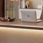 Oxley desktop with laptop and tray, close view