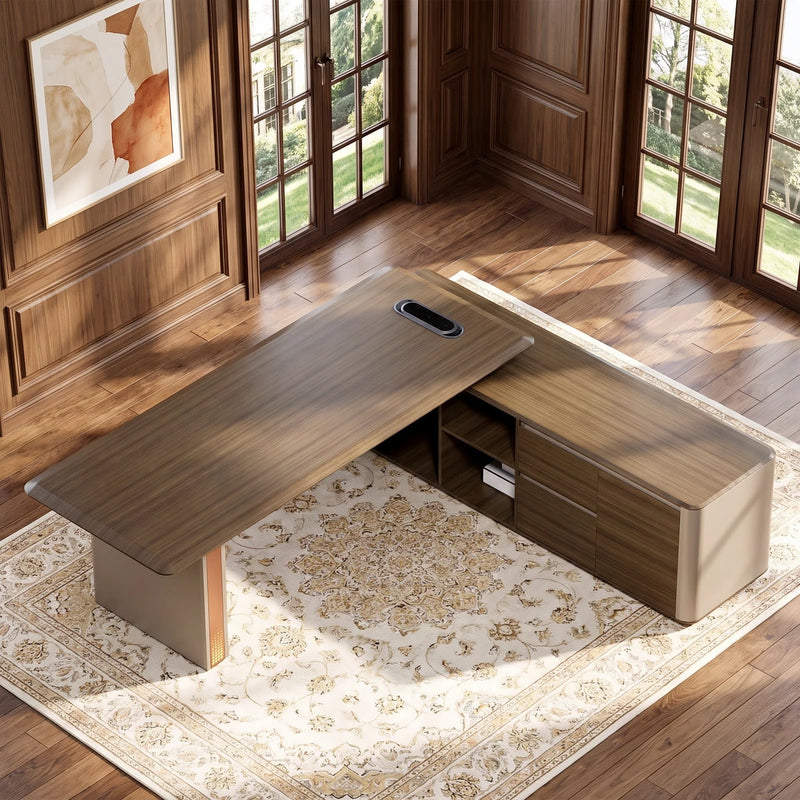 Oxley desk in a wood-panelled office with garden windows