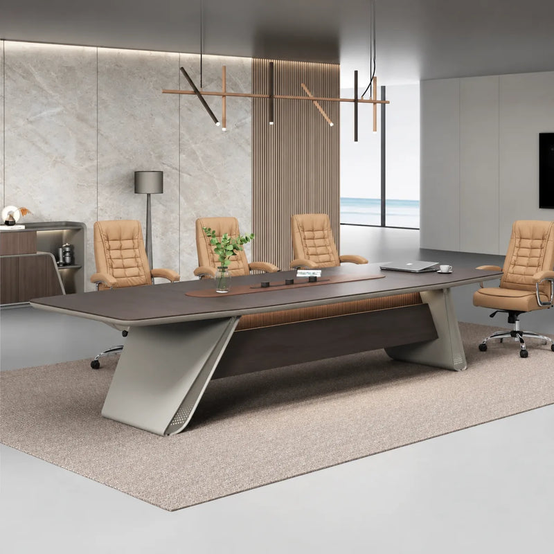 Parly 12′ (144-inch) conference table seating 12 with cream chairs and a linear pendant light
