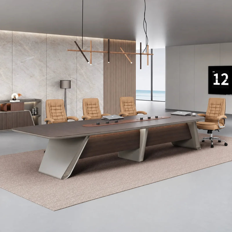 Parly 15′9″ (189-inch) large conference table seating 14 in oak with cream chairs on a beige rug