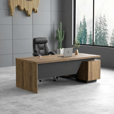 Pascal manager desk, left return, in a gray office with cactus