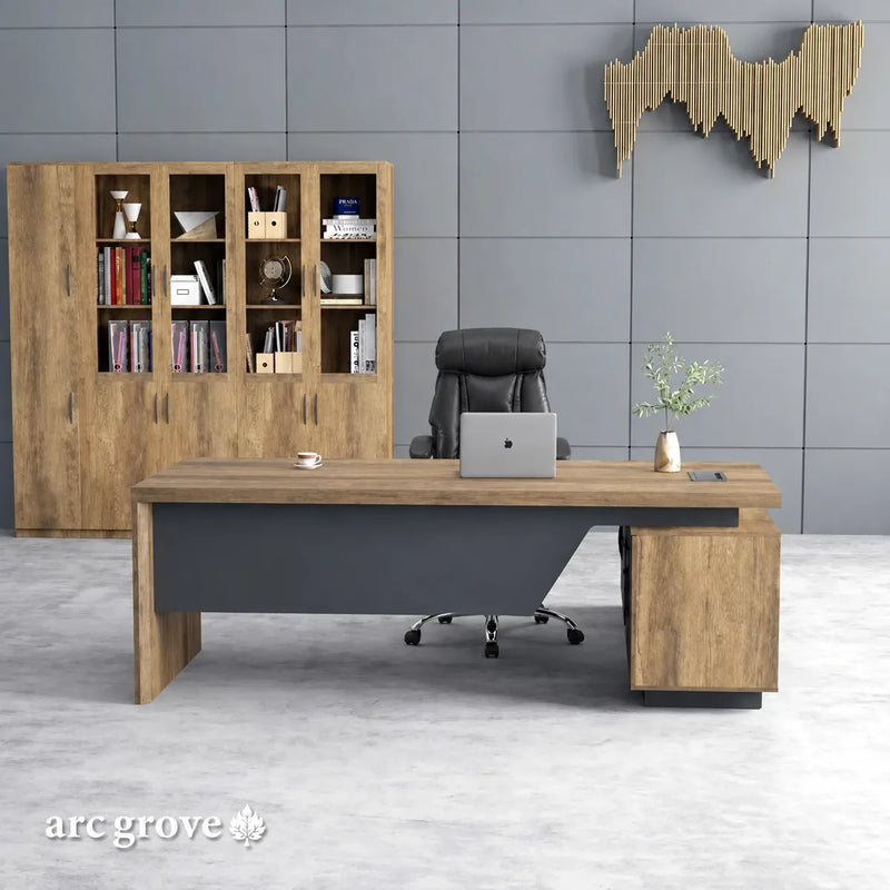 Pascal desk in brown oak before a rustic bookcase wall