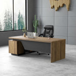 Pascal desk with dual laptops by a forest-view window