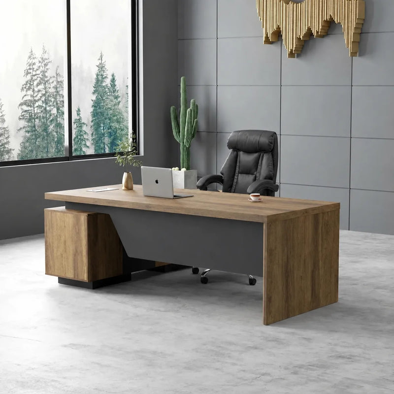 Pascal desk with dual laptops by a forest-view window