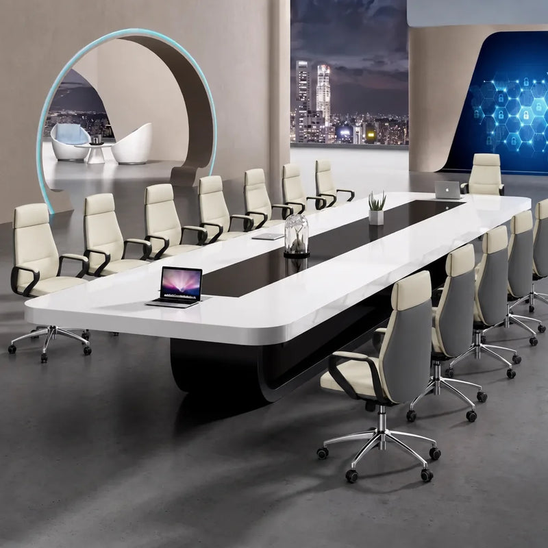 Paxum white boardroom table with cream leather chairs and a laptop in a futuristic room with a round window