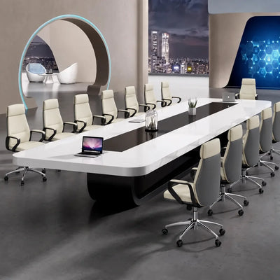Paxum white boardroom table with cream leather chairs and a laptop in a futuristic room with a round window