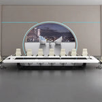 Paxum white conference table seating 12 in white chairs, viewed from the head with a round city window