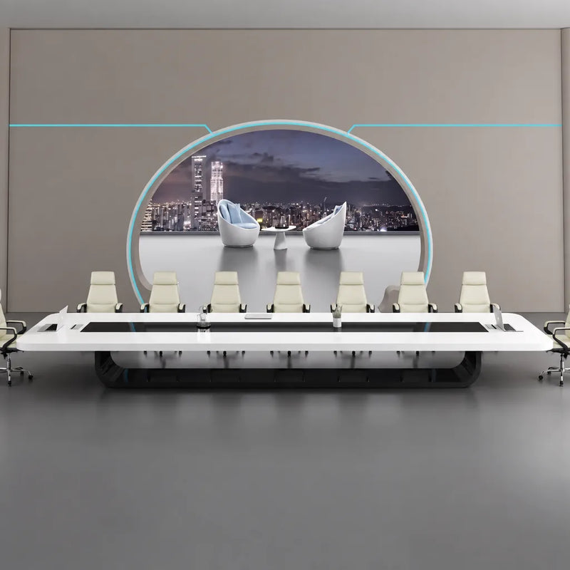 Paxum white conference table seating 12 in white chairs, viewed from the head with a round city window